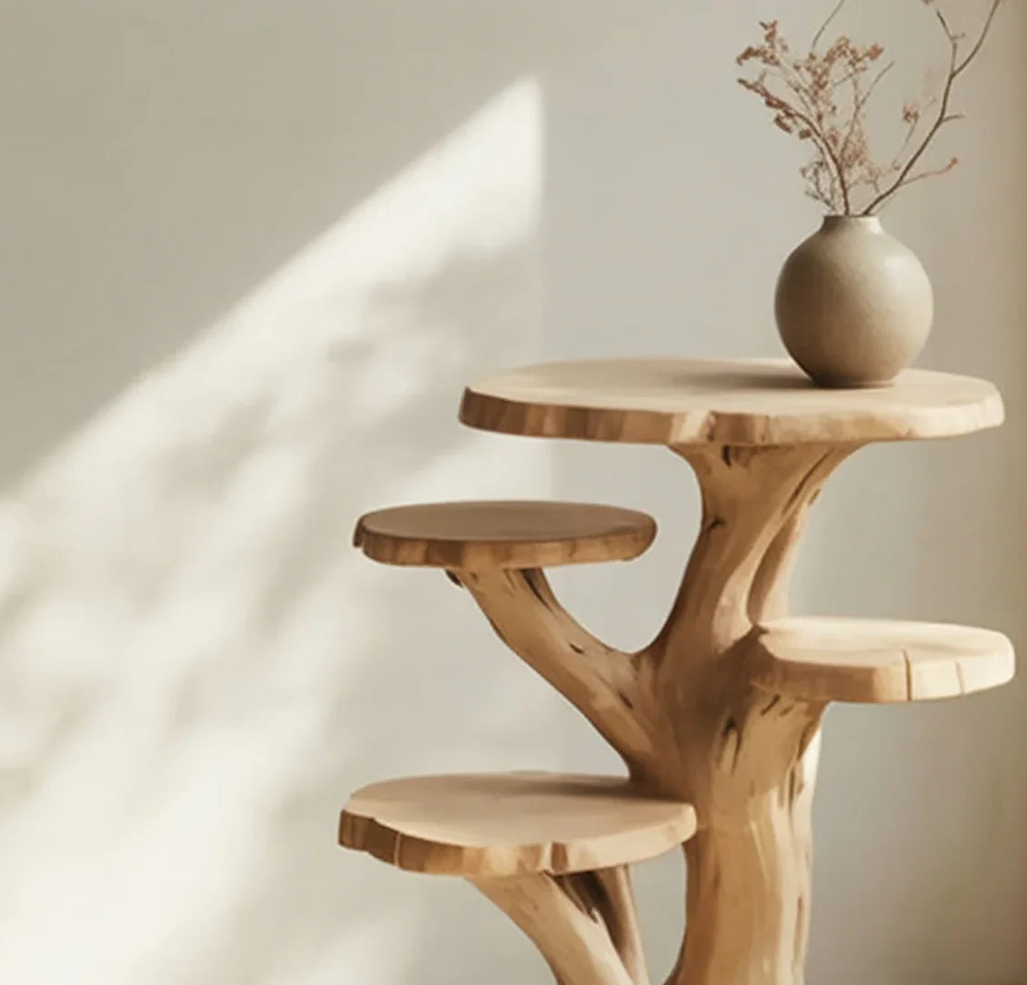 Solid wood tree bookshelf with live edge shelves and ceramic vase in minimalist room
