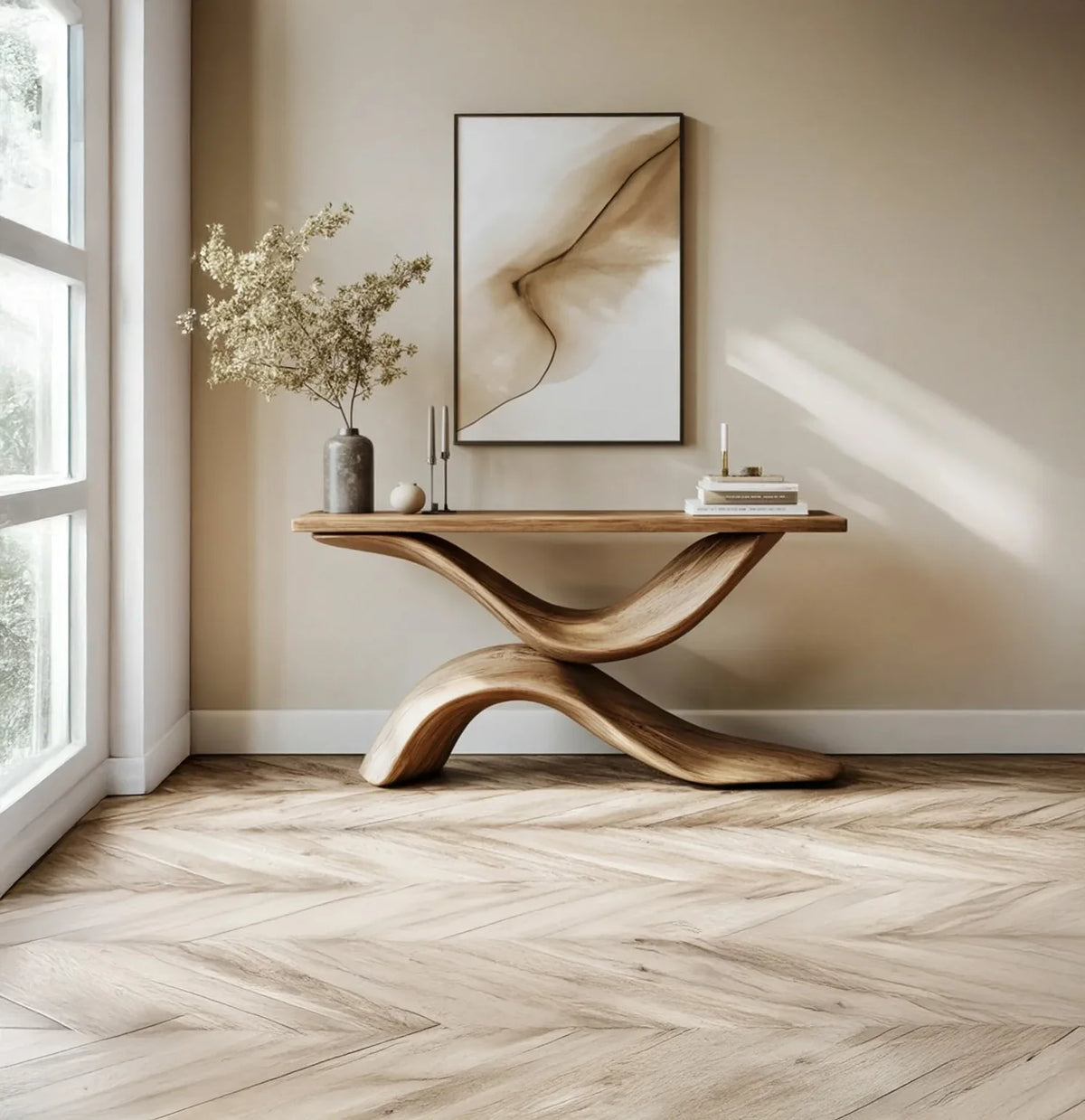 Modern entryway with sculptural solid wood console table, abstract wall art, and natural light