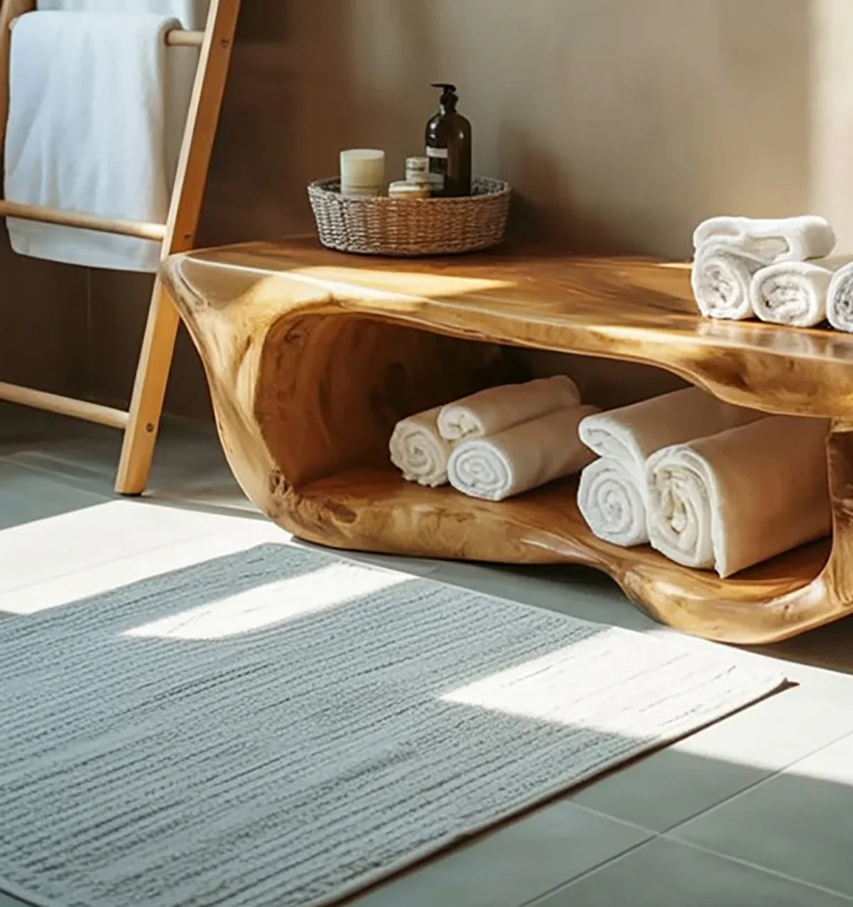 Live edge solid wood bench in bathroom, holding rolled towels and spa accessories
