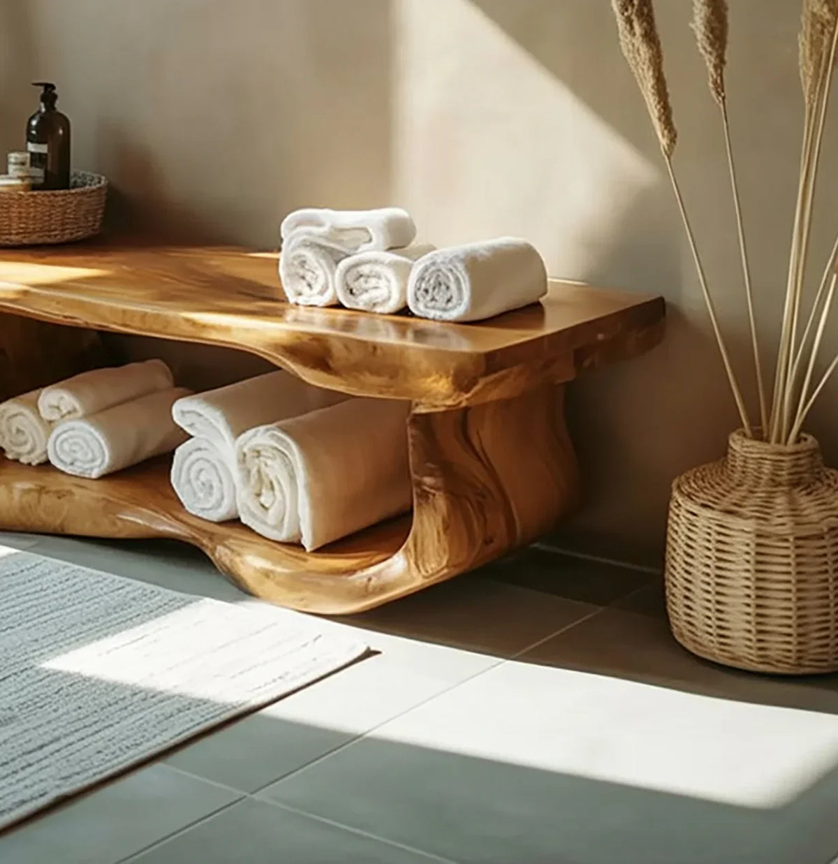 Live edge solid wood bench with rolled white towels in a sunlit modern interior