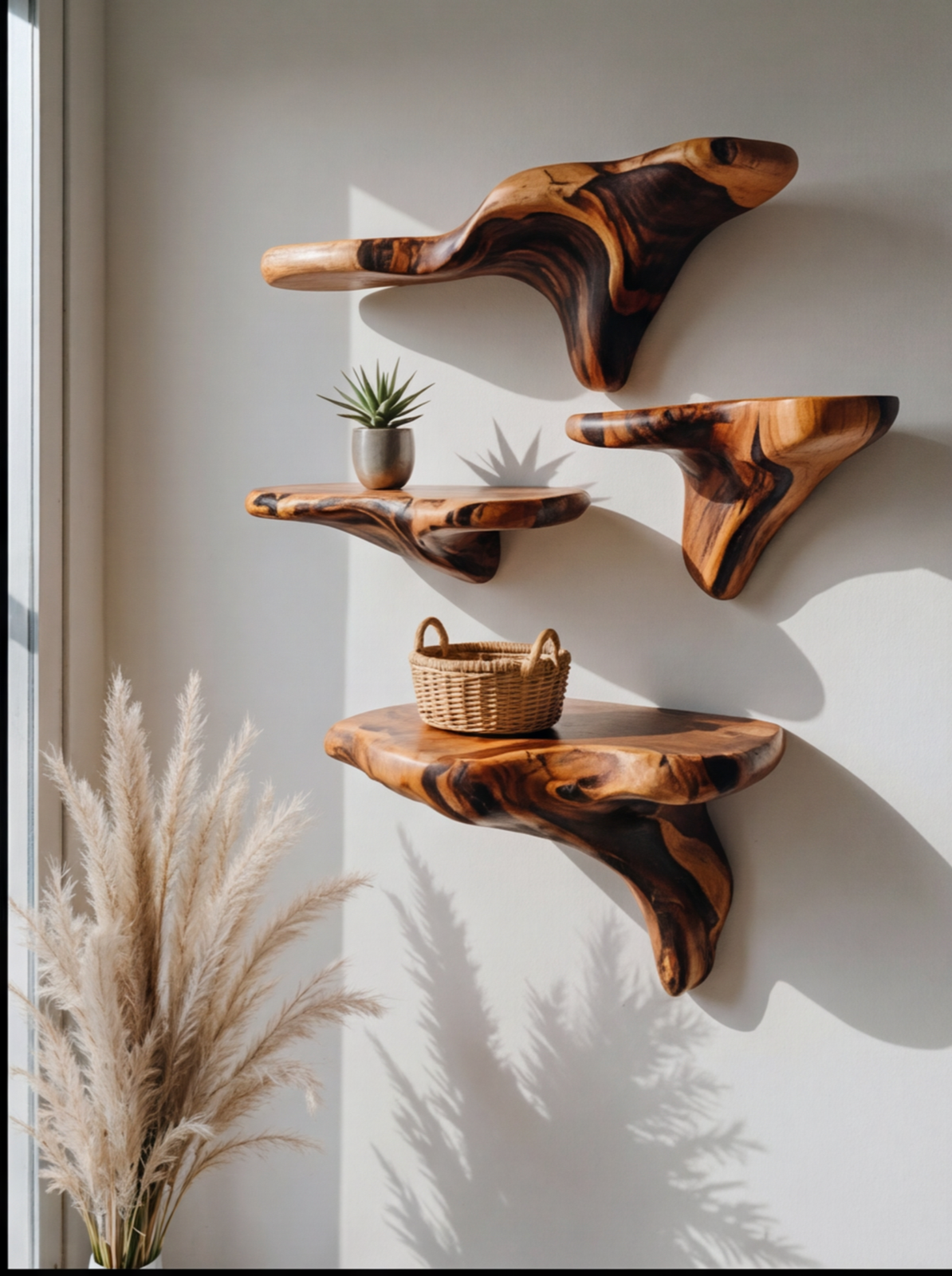 Live edge wooden floating shelves on wall with plant and basket decor in sunlight.