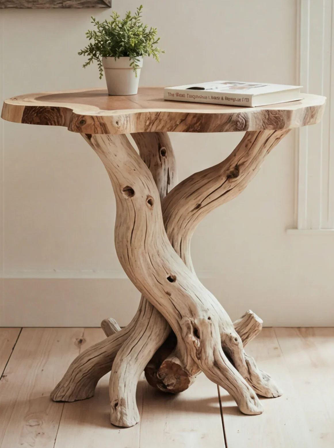 Live edge solid wood side table with unique twisted natural base, topped with plant and book.