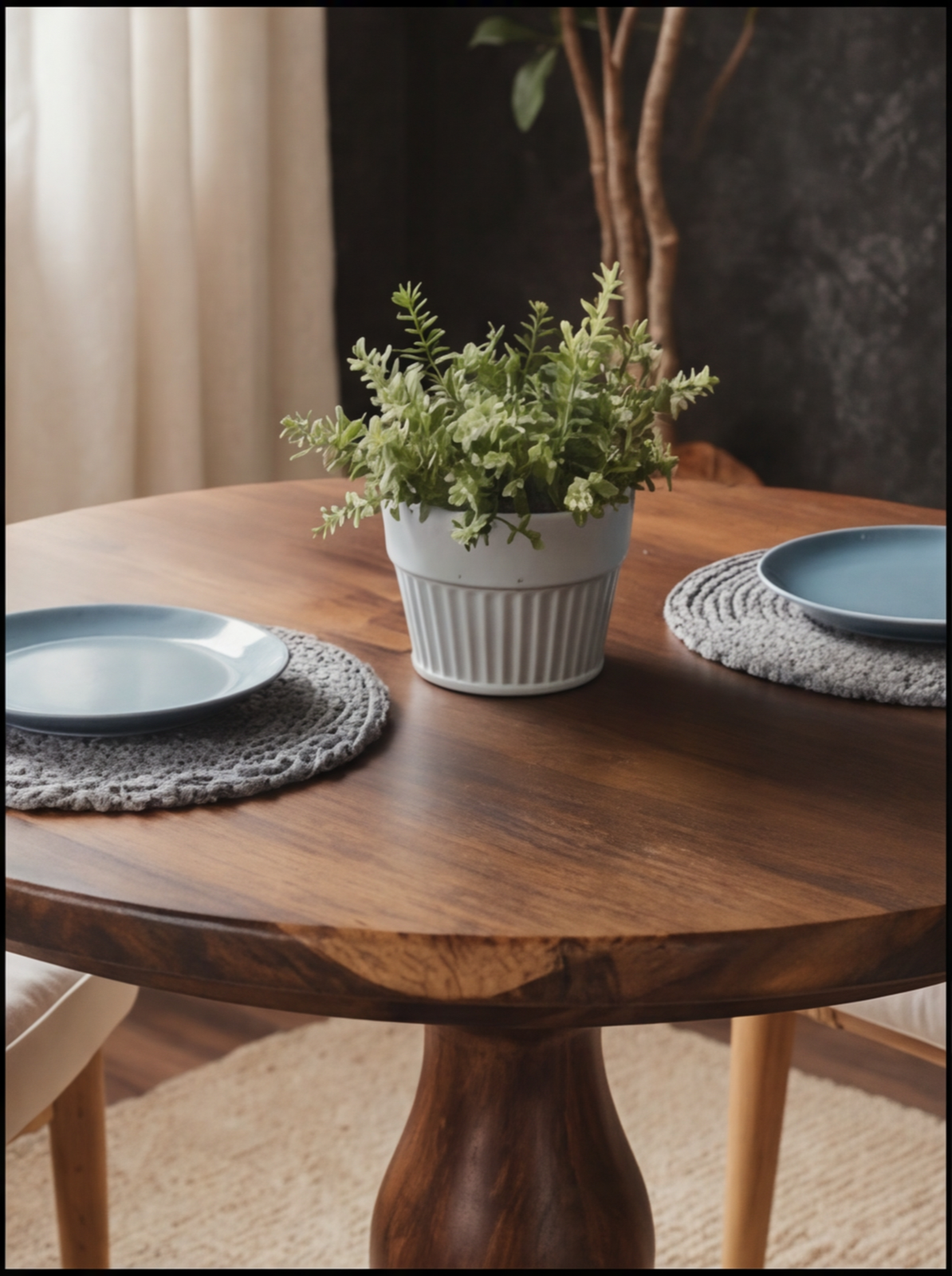 Solid wood round dining table with live edge, plant centerpiece, and ceramic plates