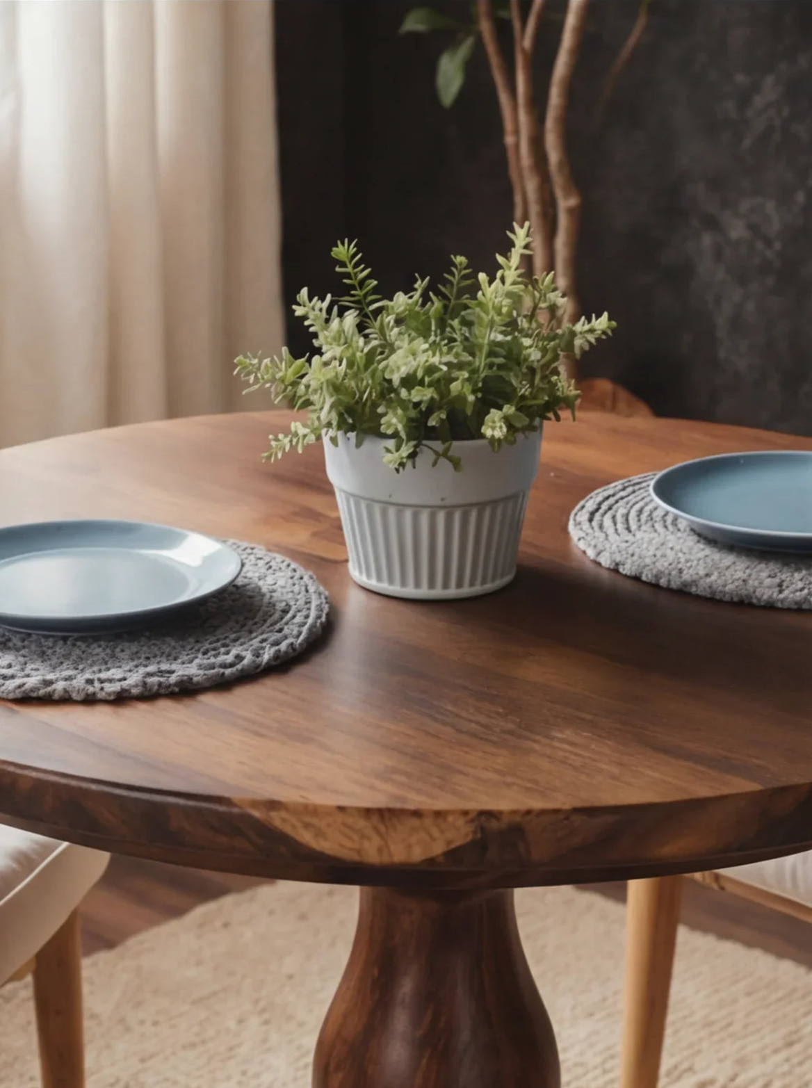 Solid wood round dining table with live edge, plant centerpiece, and ceramic plates