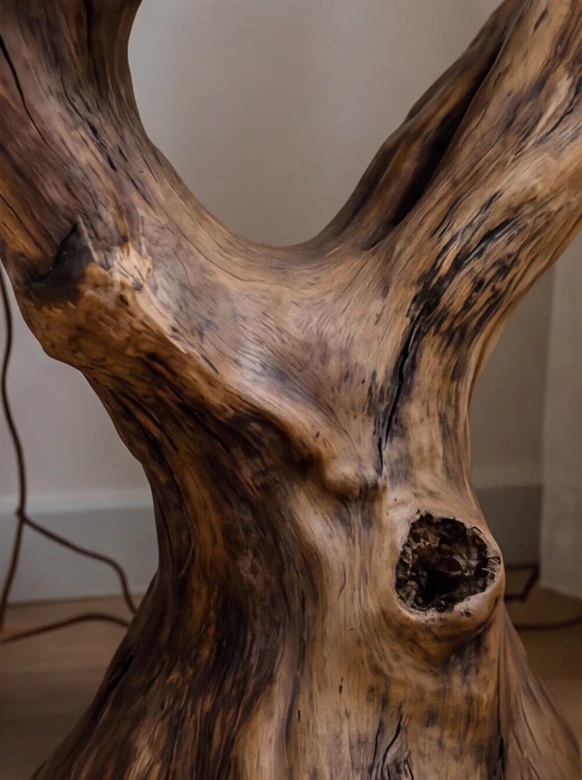 Close-up of solid wood live edge furniture with natural grain and organic texture