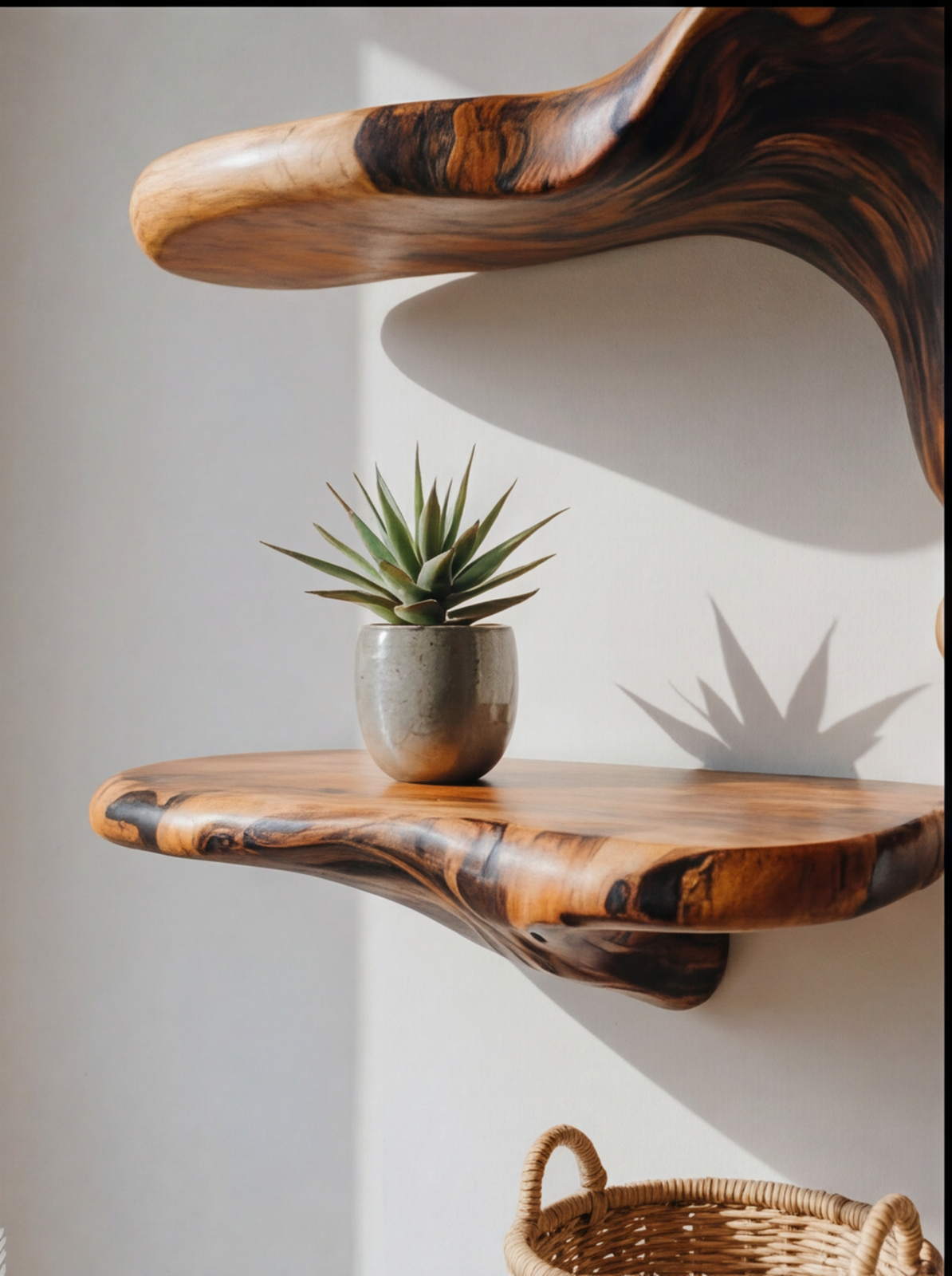 Live edge floating wood shelf with a potted succulent, sustainable home decor