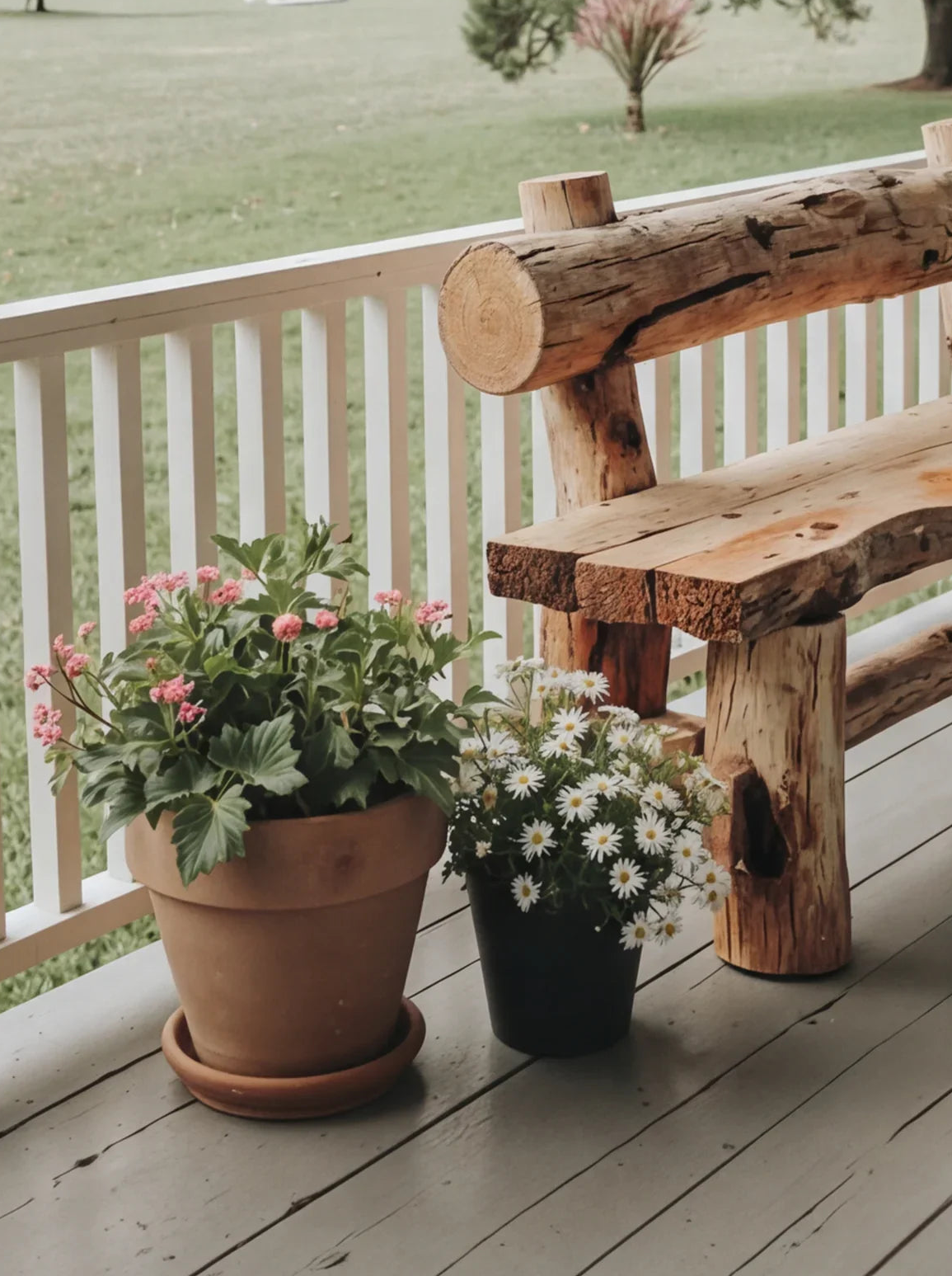 Rustic live edge wood bench on porch with potted flowers and wooden railing