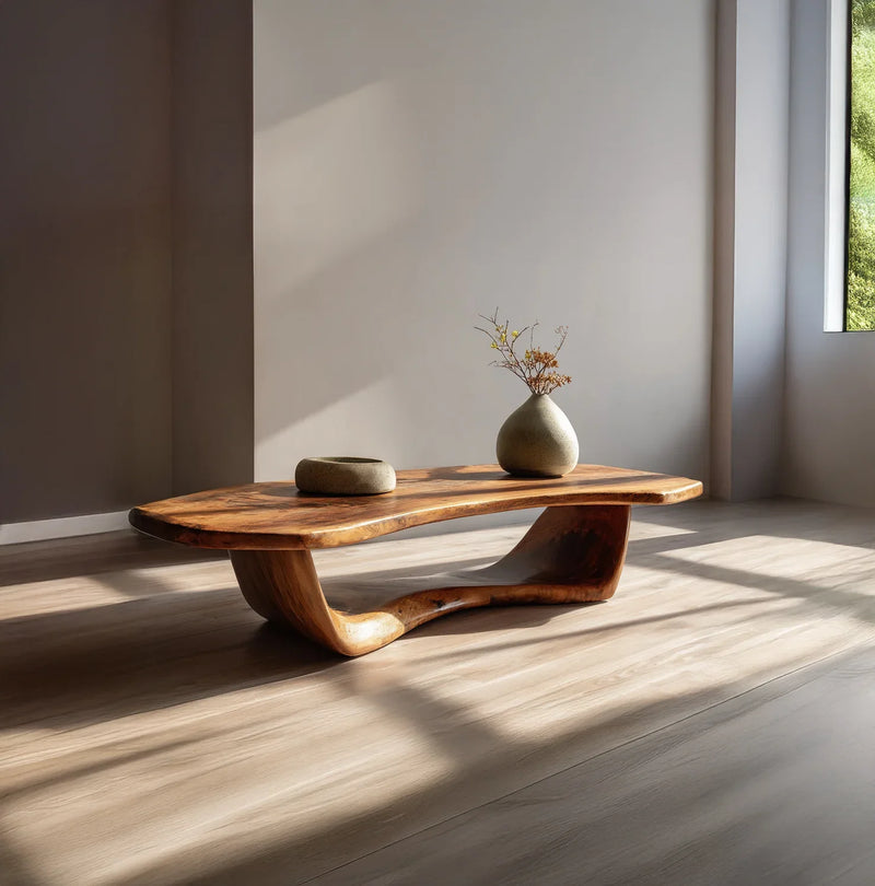 Live edge solid wood coffee table with organic shape in sunlit modern room