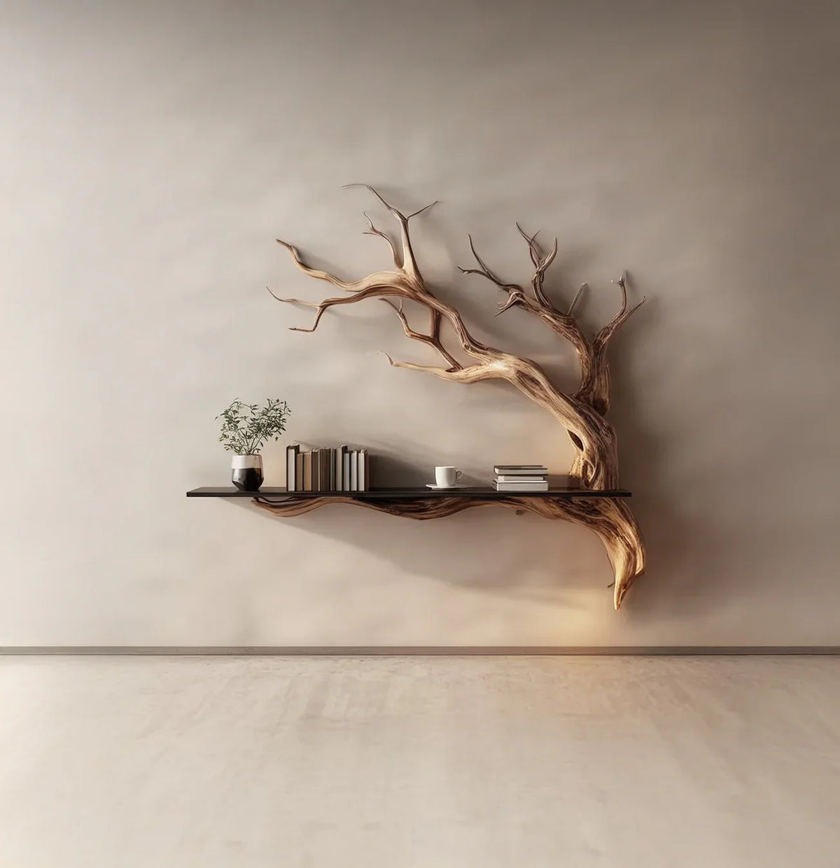 Live edge tree bookshelf with floating shelf, books, plant, and minimalist decor.