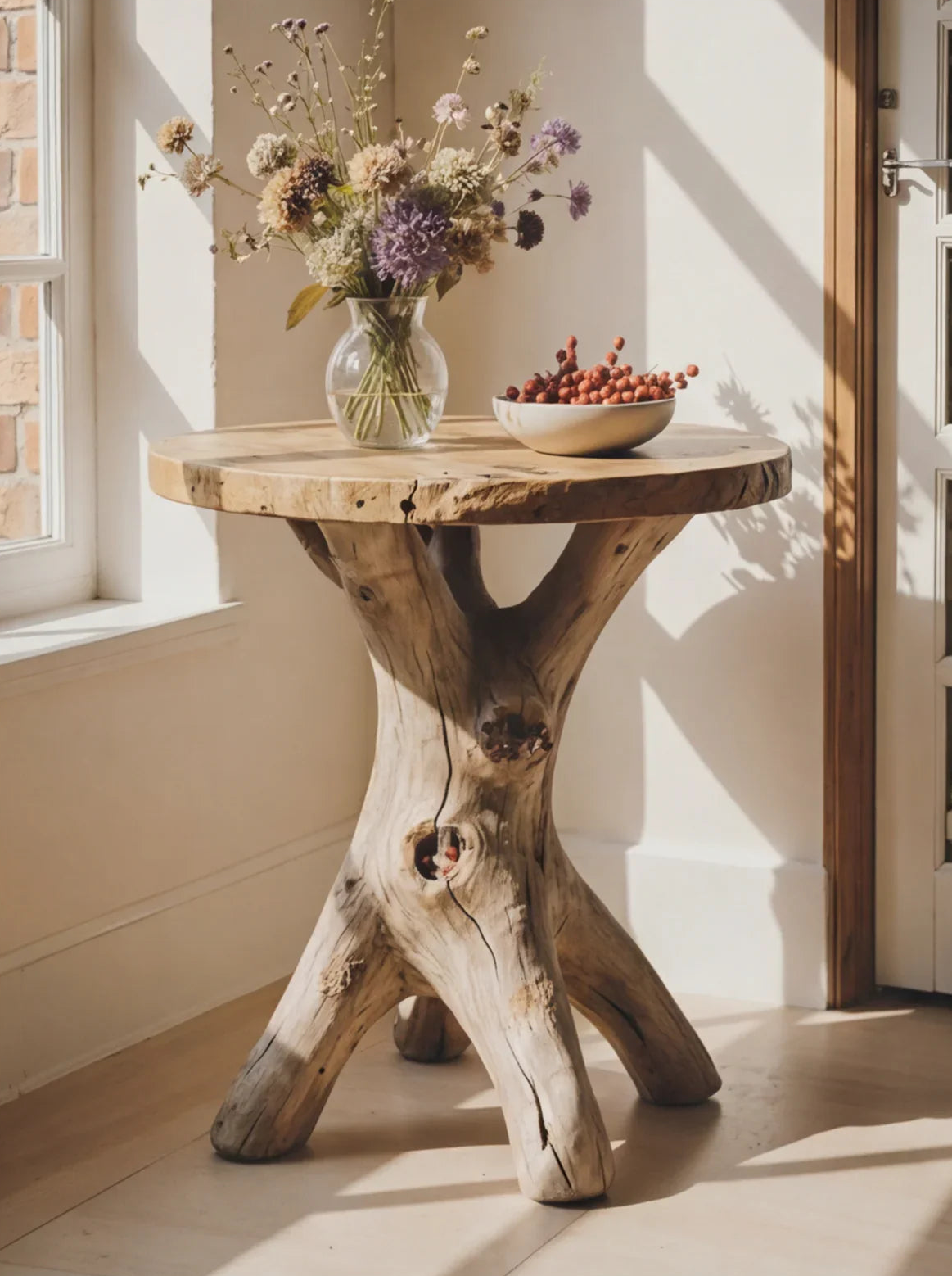 Solid wood live edge table with tree trunk base, vase of dried flowers, and bowl of berries.
