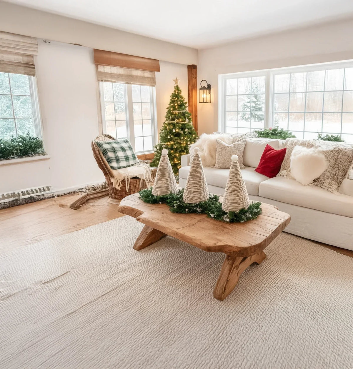 Cozy living room with Christmas tree, wooden coffee table with decorative cone trees, and white sofa with festive pillows