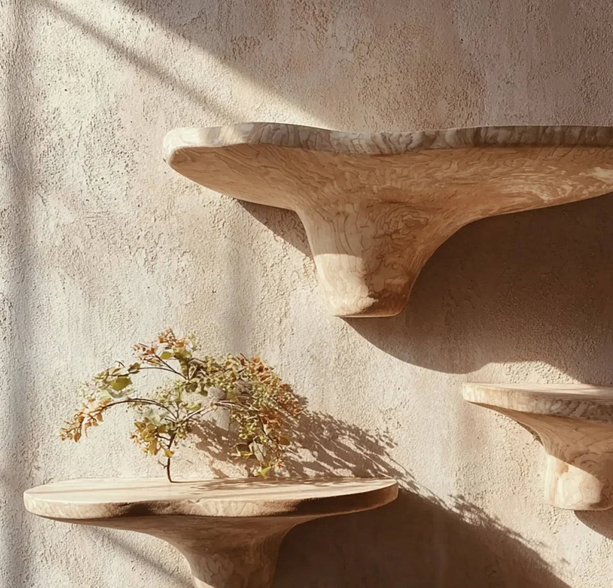 Floating live edge wooden shelves on textured wall with dried flowers on one shelf