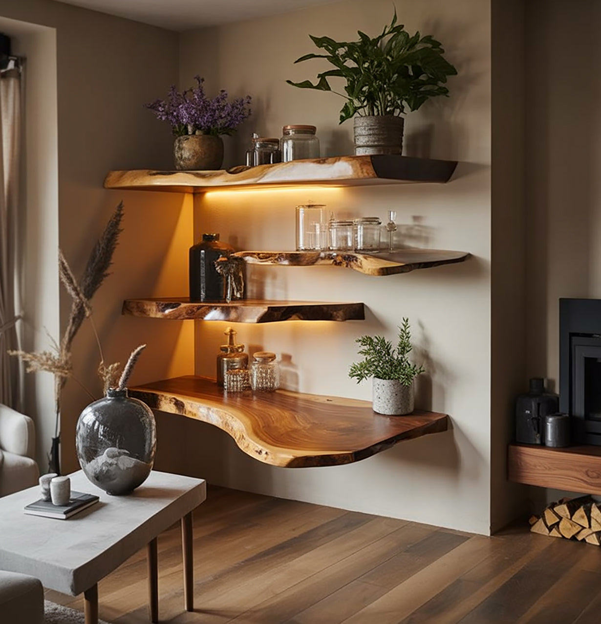 Live edge floating wood shelves with indoor plants and jars in a modern living room