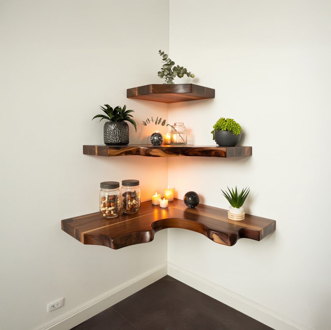 Live edge solid wood floating corner shelves with plants, candles, and jars in a modern room