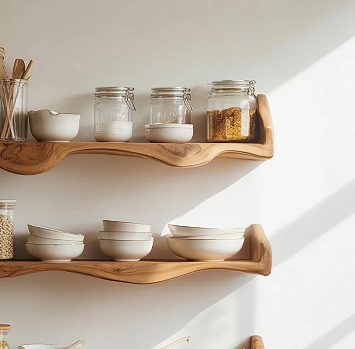 Live edge floating wooden shelves with ceramic bowls and pantry jars in a sunlit kitchen