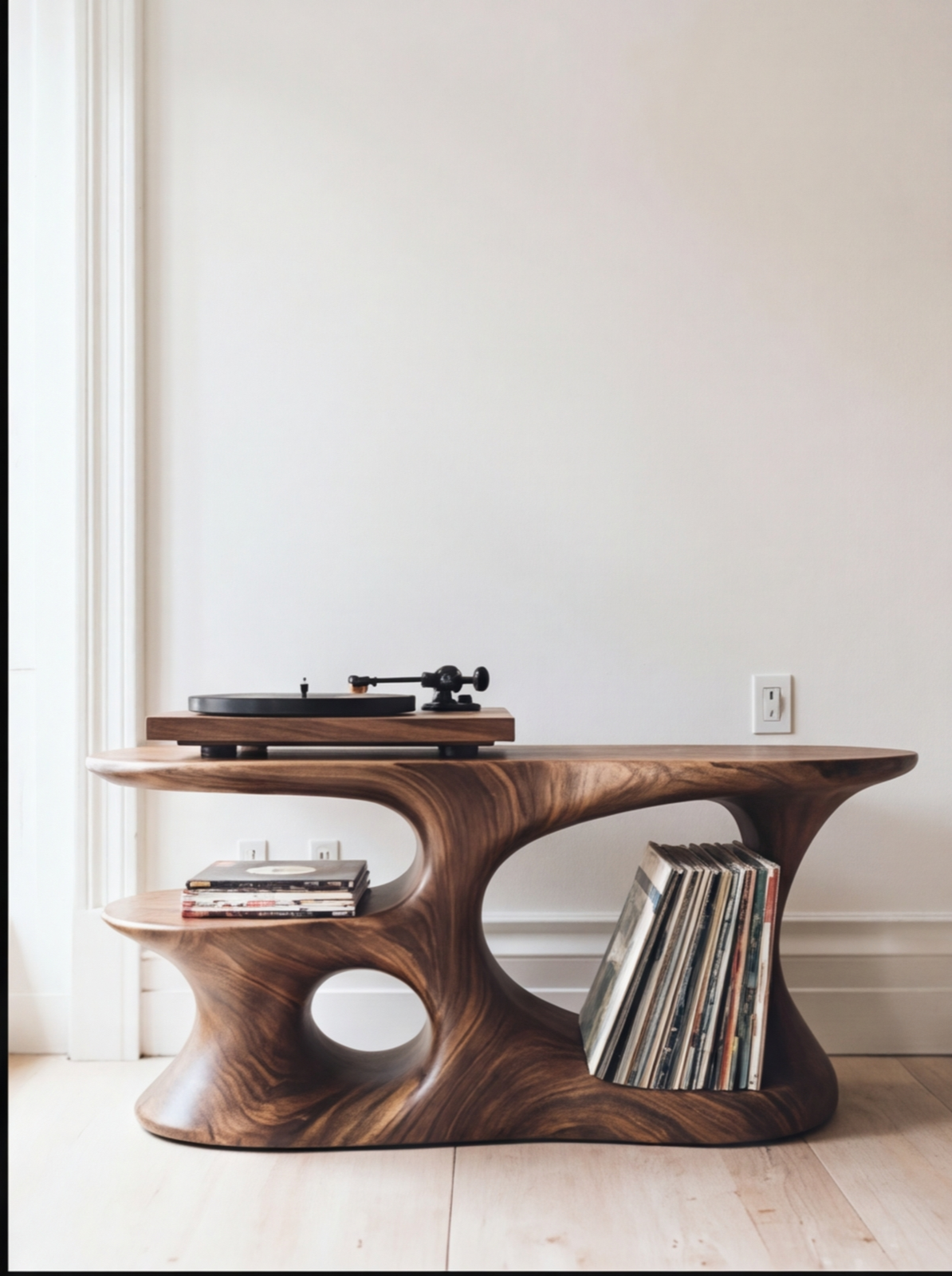 Sculpted solid wood record player console with live edge grains, LP storage, modern design