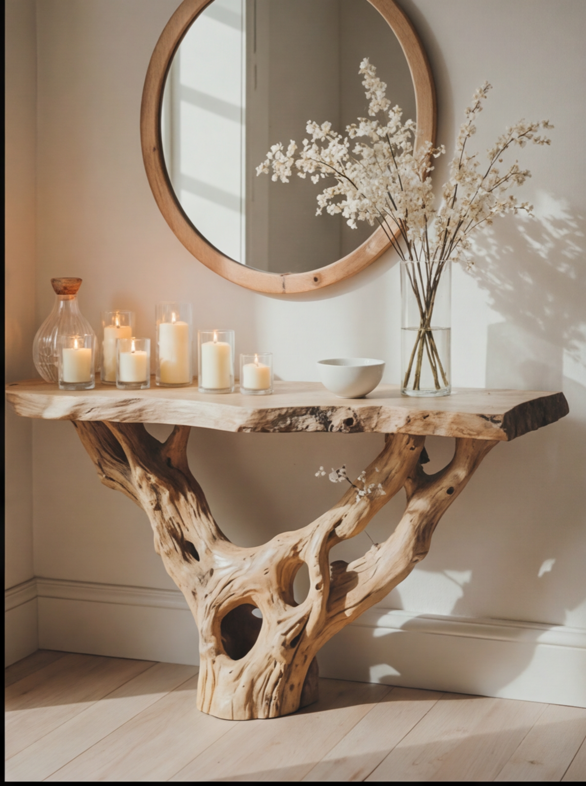 Live edge console table with natural wood base, candles, and flowers, under round mirror