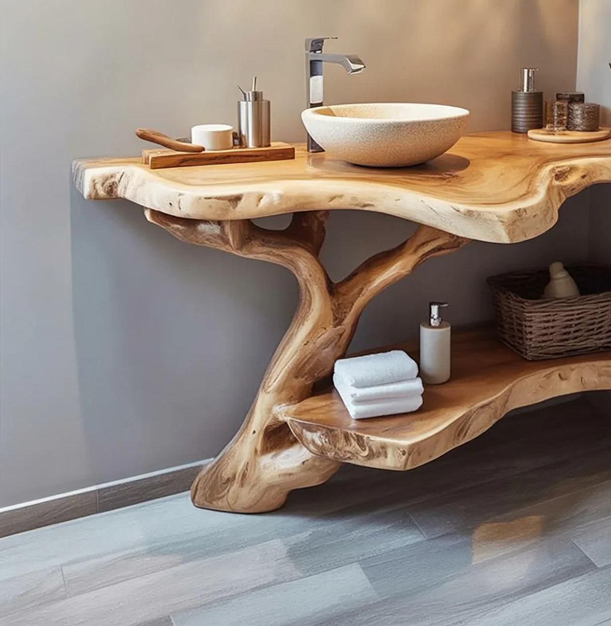 Live edge solid wood bathroom vanity with vessel sink and tree branch design