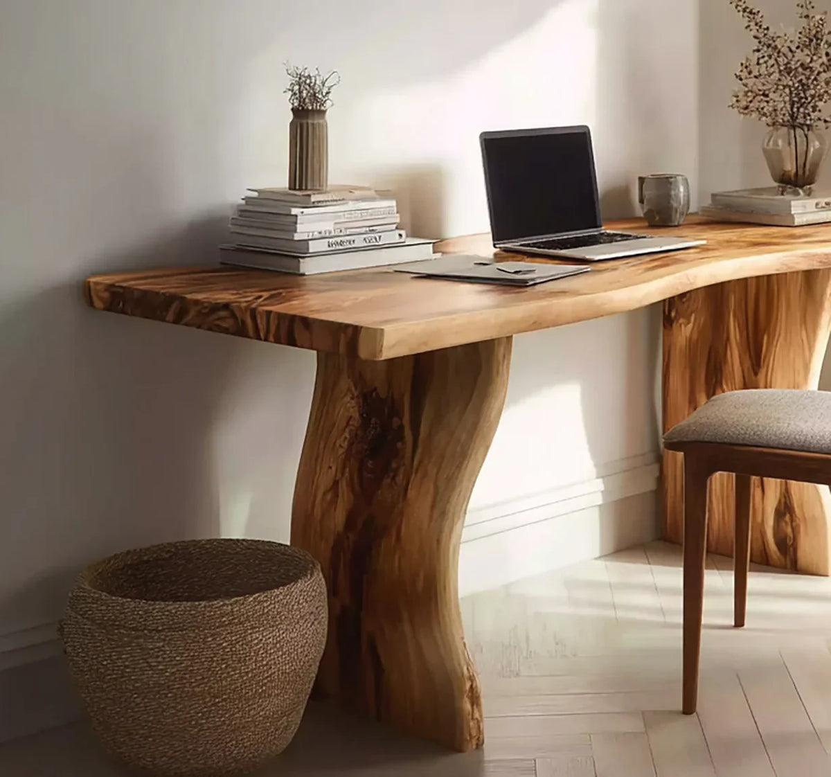 Live edge solid wood desk with books, laptop, vase, and modern chair in a bright room.