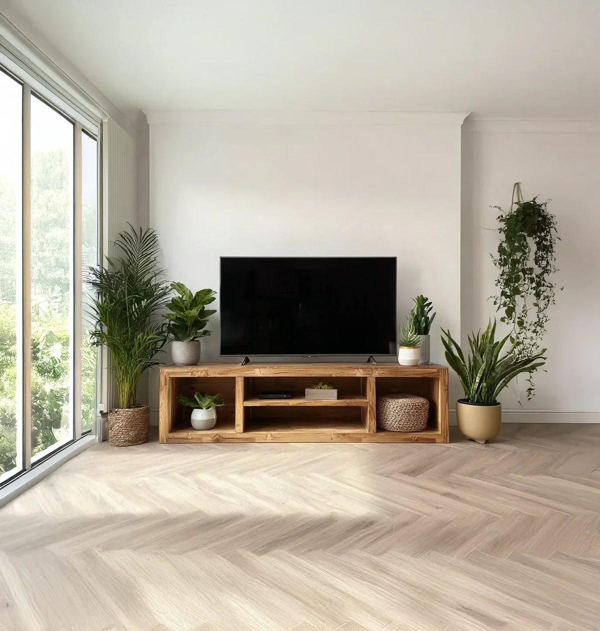 Modern living room with wooden TV stand, flat screen TV, large plants, and bright natural light