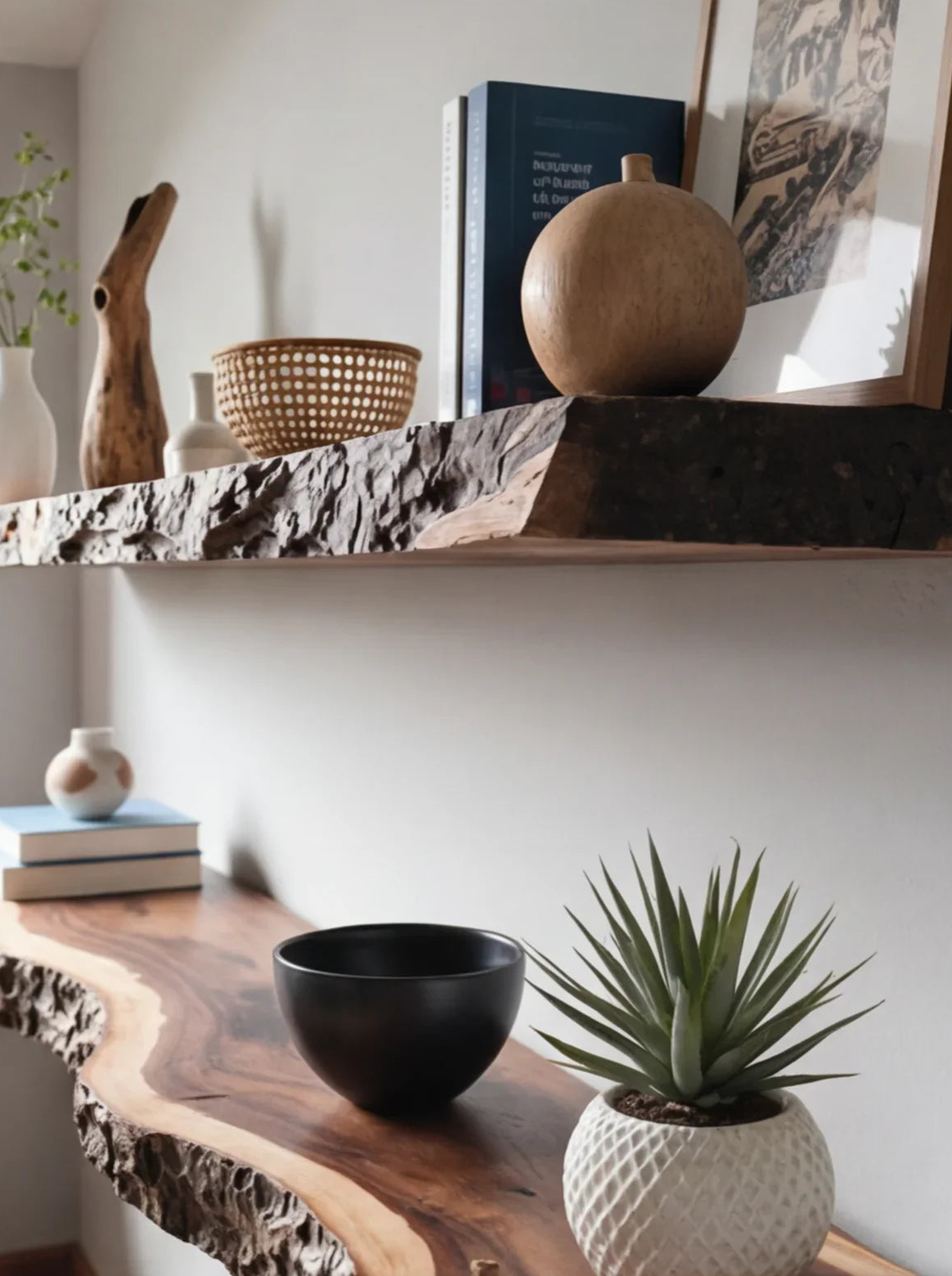 Live edge wood floating shelves with books, ceramics, and minimalist decor