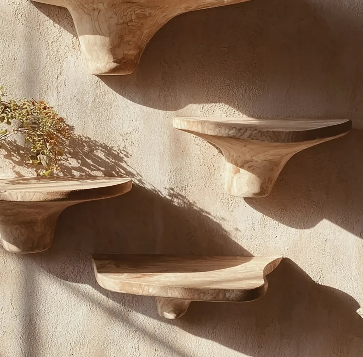 Set of floating solid wood shelves with natural edges on a beige textured wall