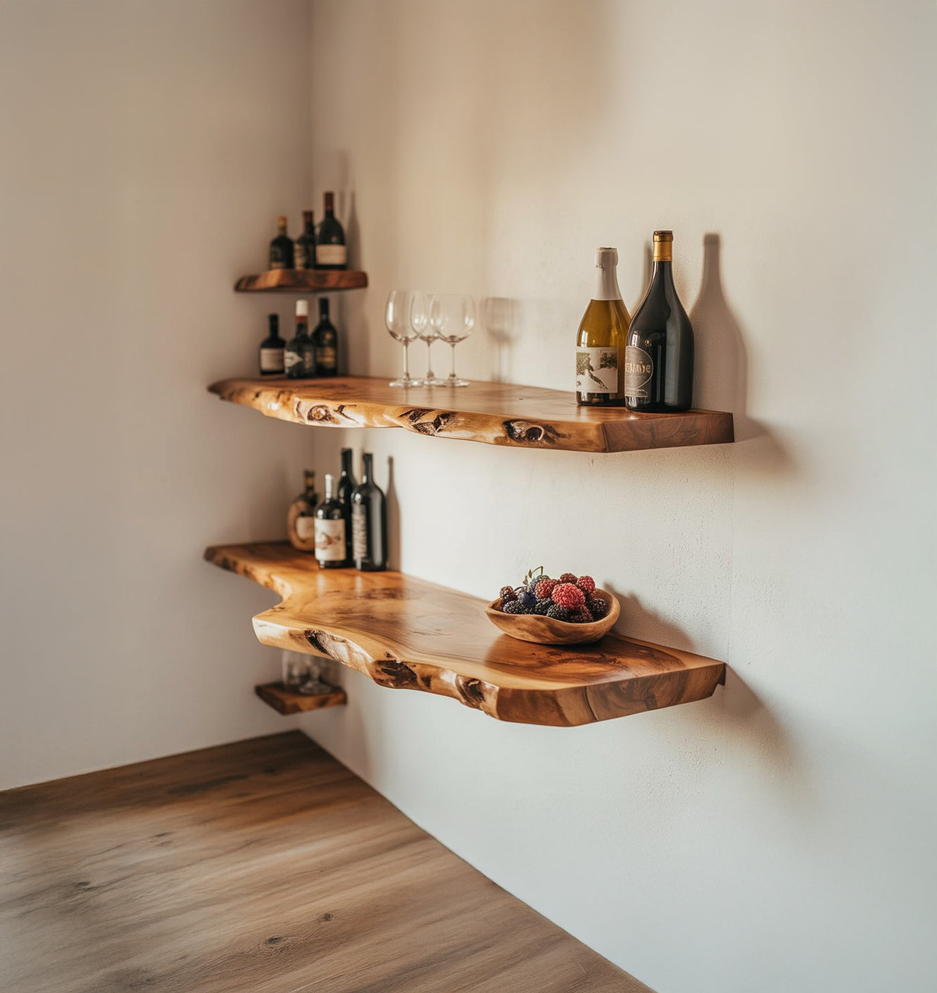 Live edge solid wood floating shelves with wine bottles, glasses, and a fruit bowl on a wall