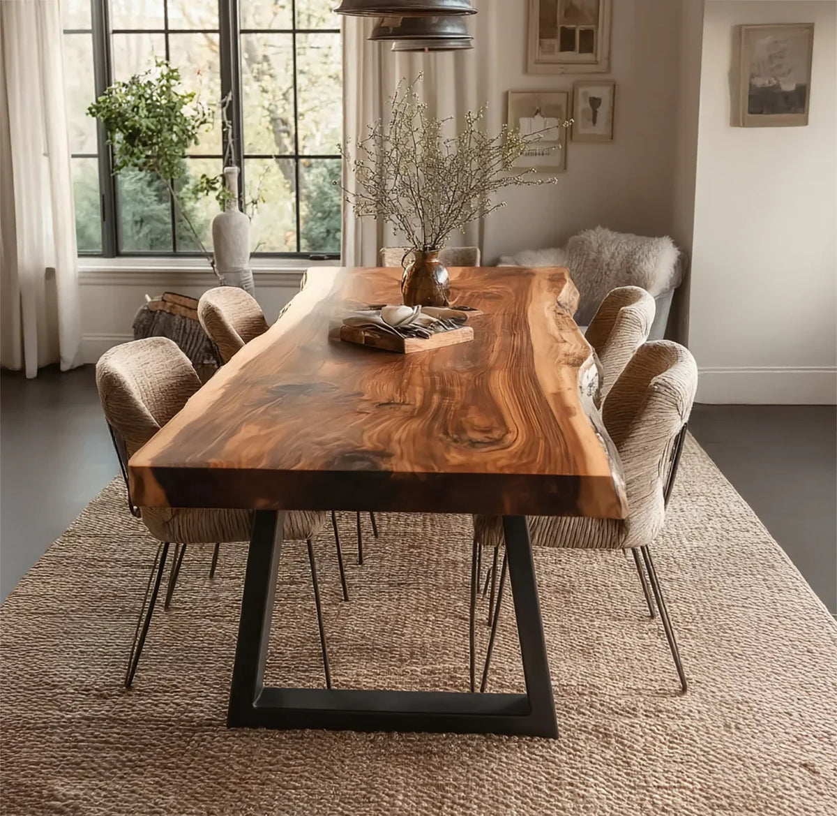 Solid wood live edge dining table with metal legs in a modern dining room setting