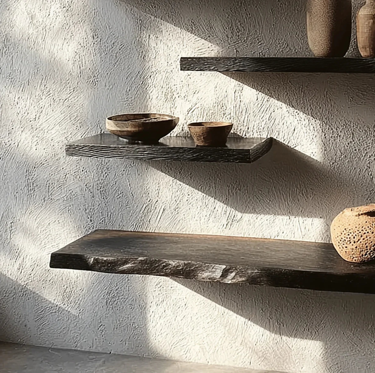 Floating live edge wood shelves on textured wall with ceramic vases and bowls, sunlight shadows