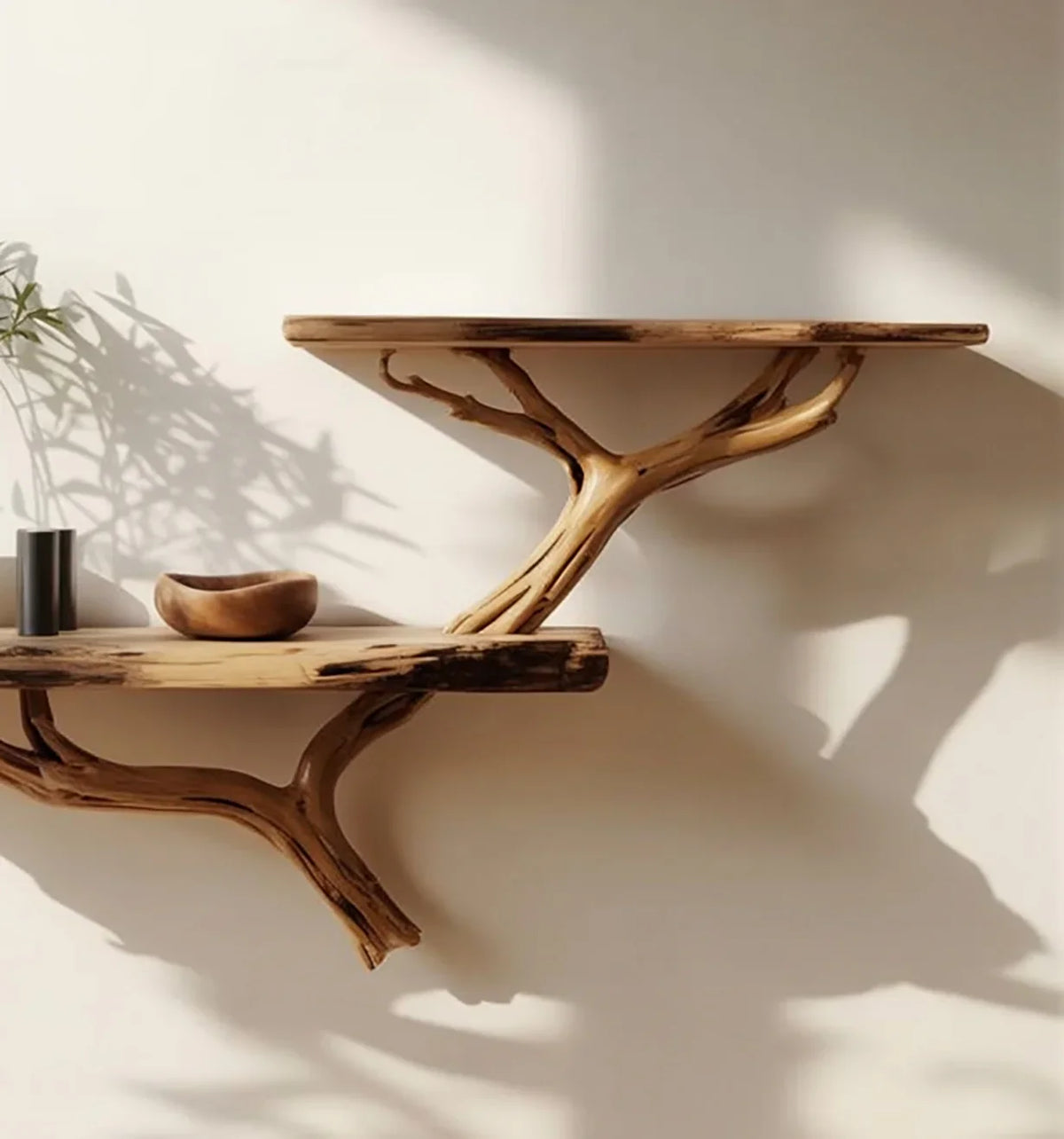 Live edge solid wood floating shelves with natural tree branch supports on a light wall