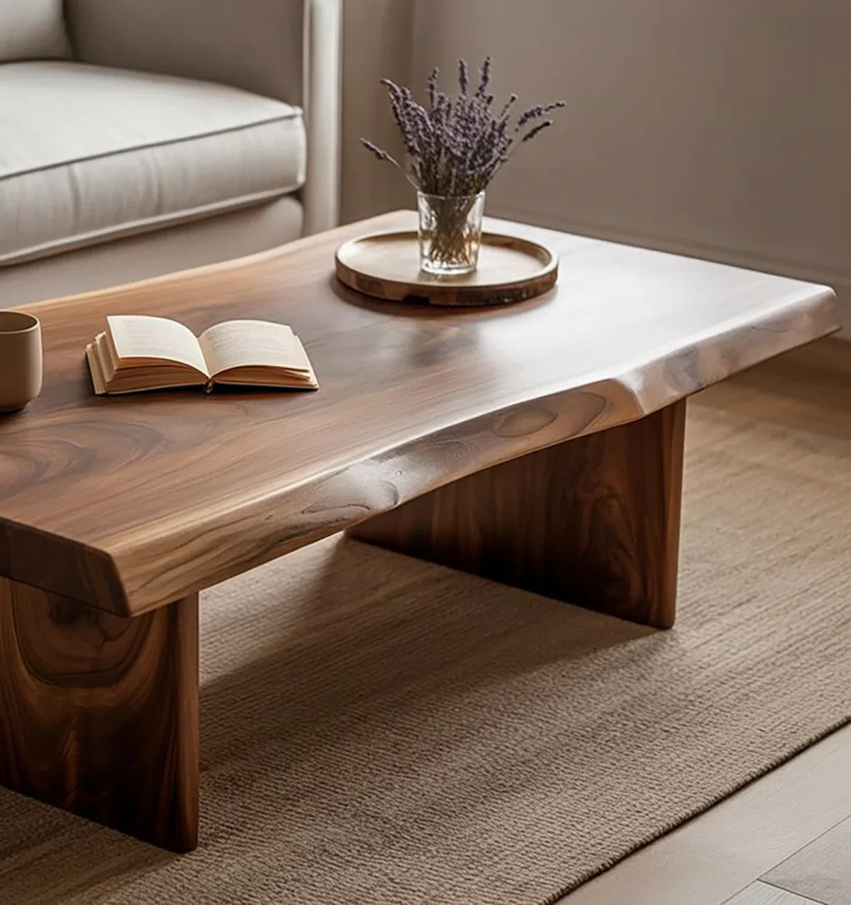 Solid wood live edge coffee table with natural grain, open book, and vase in cozy living room
