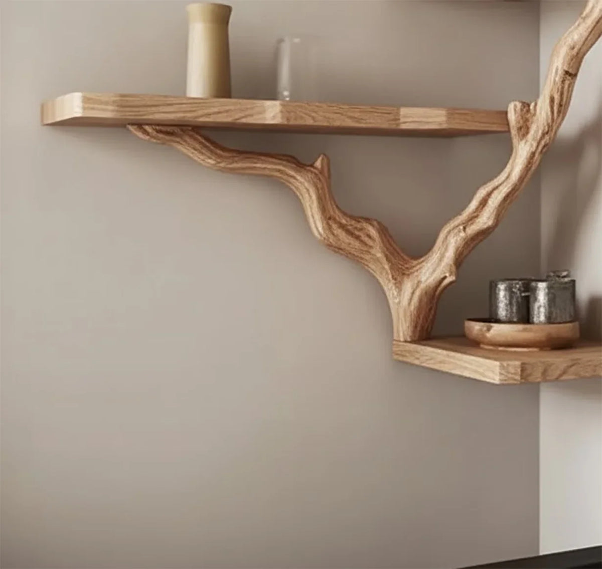 Sustainably crafted solid wood floating shelf with branch design and minimalist decor items
