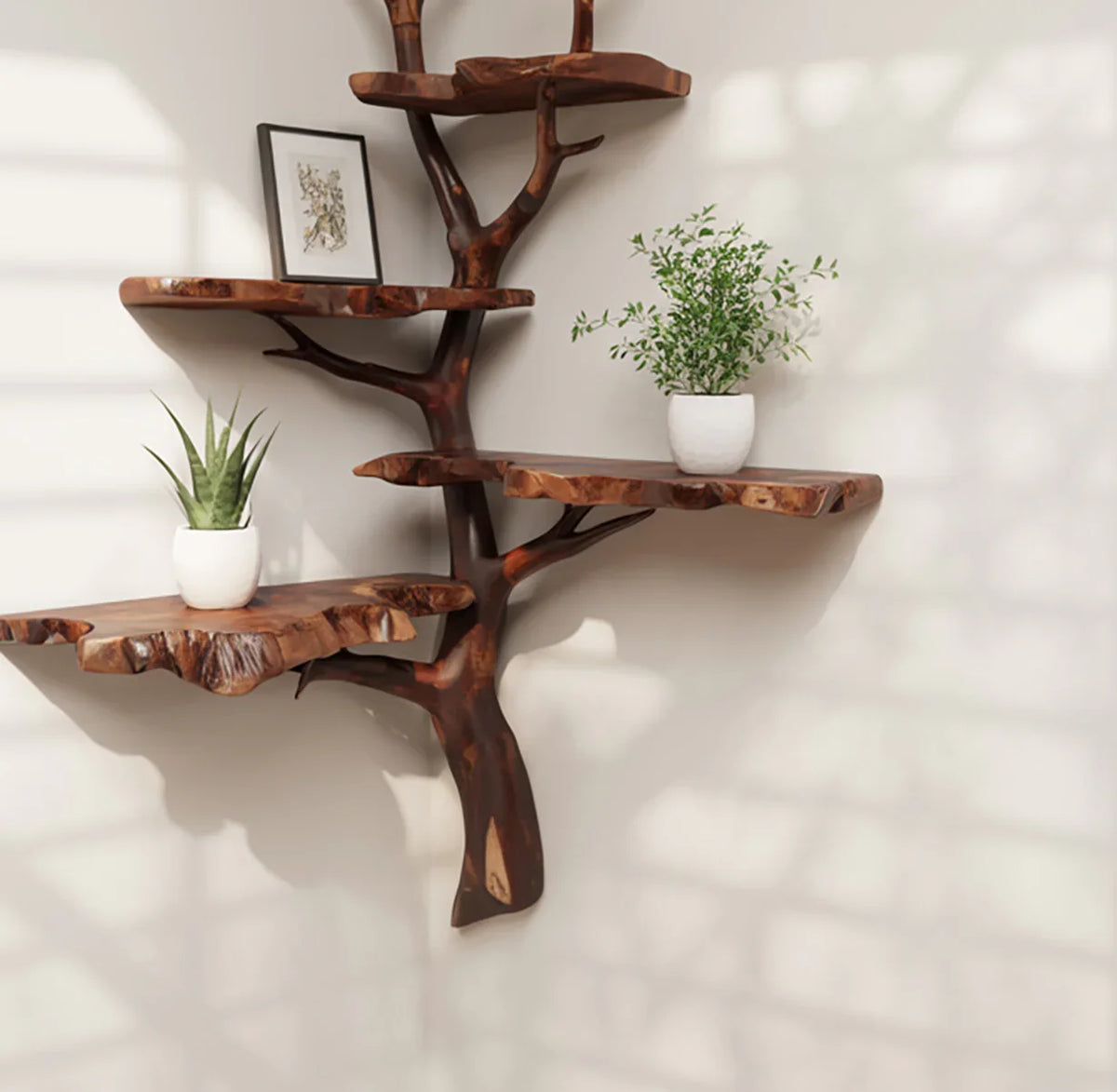 Solid wood tree-shaped bookshelf with live edge shelves holding plants and decor against a wall