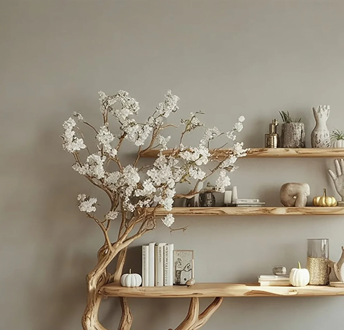Solid wood tree bookshelf with live edge shelves, decorated with books, flowers, and neutral decor.