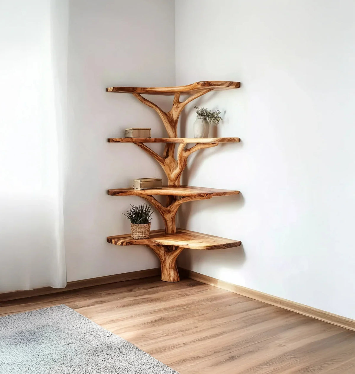 Solid wood tree bookshelf with four shelves in a modern minimalist corner interior