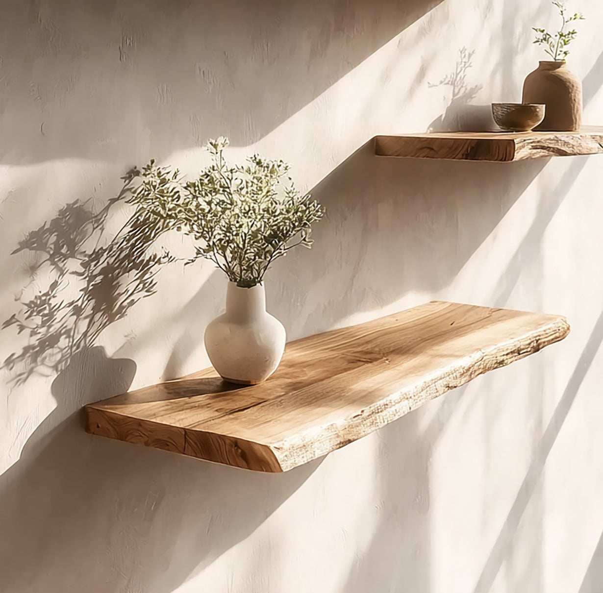Solid wood live edge floating shelves with minimalist decor and natural sunlight