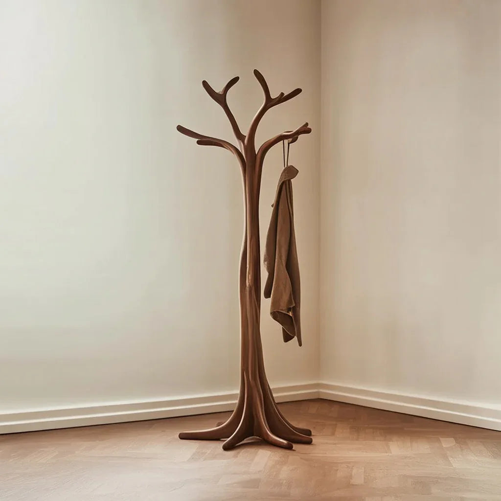 Solid wood tree bookshelf in a minimalist room with coat hanging on branch-style hooks