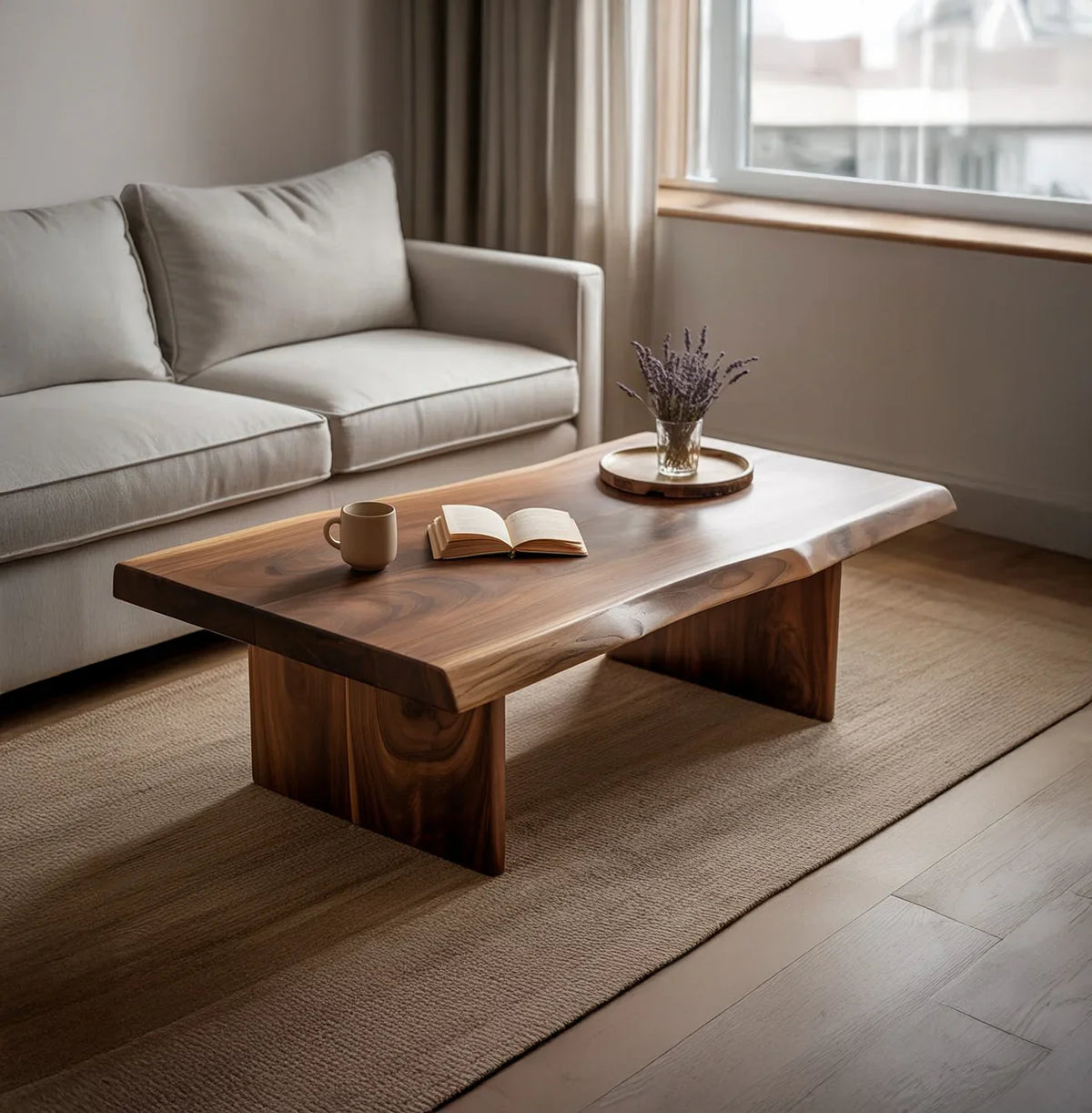 Solid wood live edge coffee table in modern living room with sofa and decor