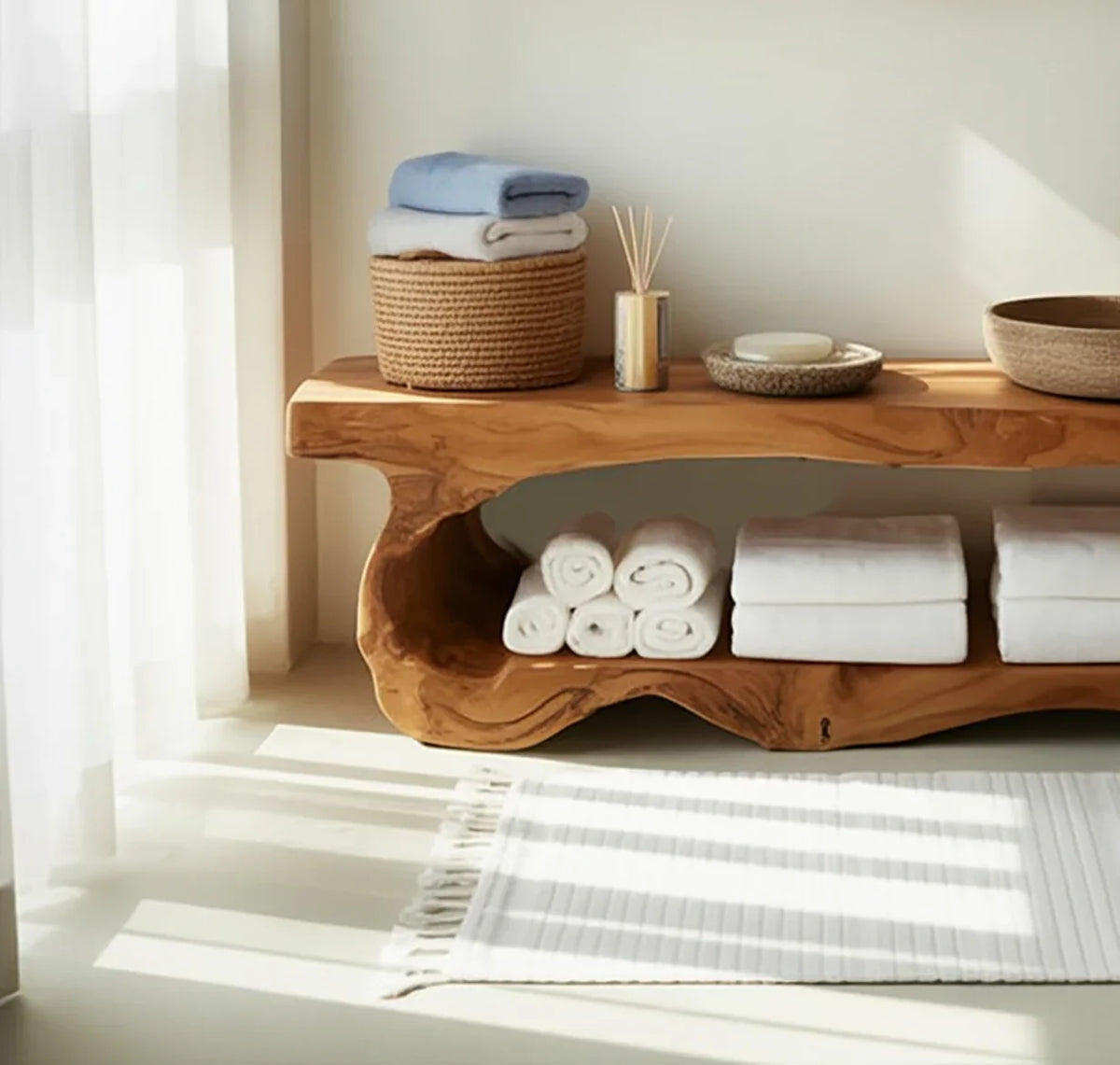Live edge solid wood shelf with rolled towels, baskets, and decor in a sunlit room