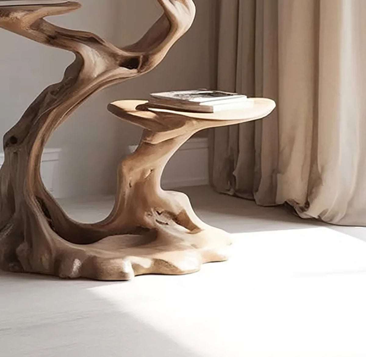 Sculpted solid wood side table with organic live edge design in sunlit room