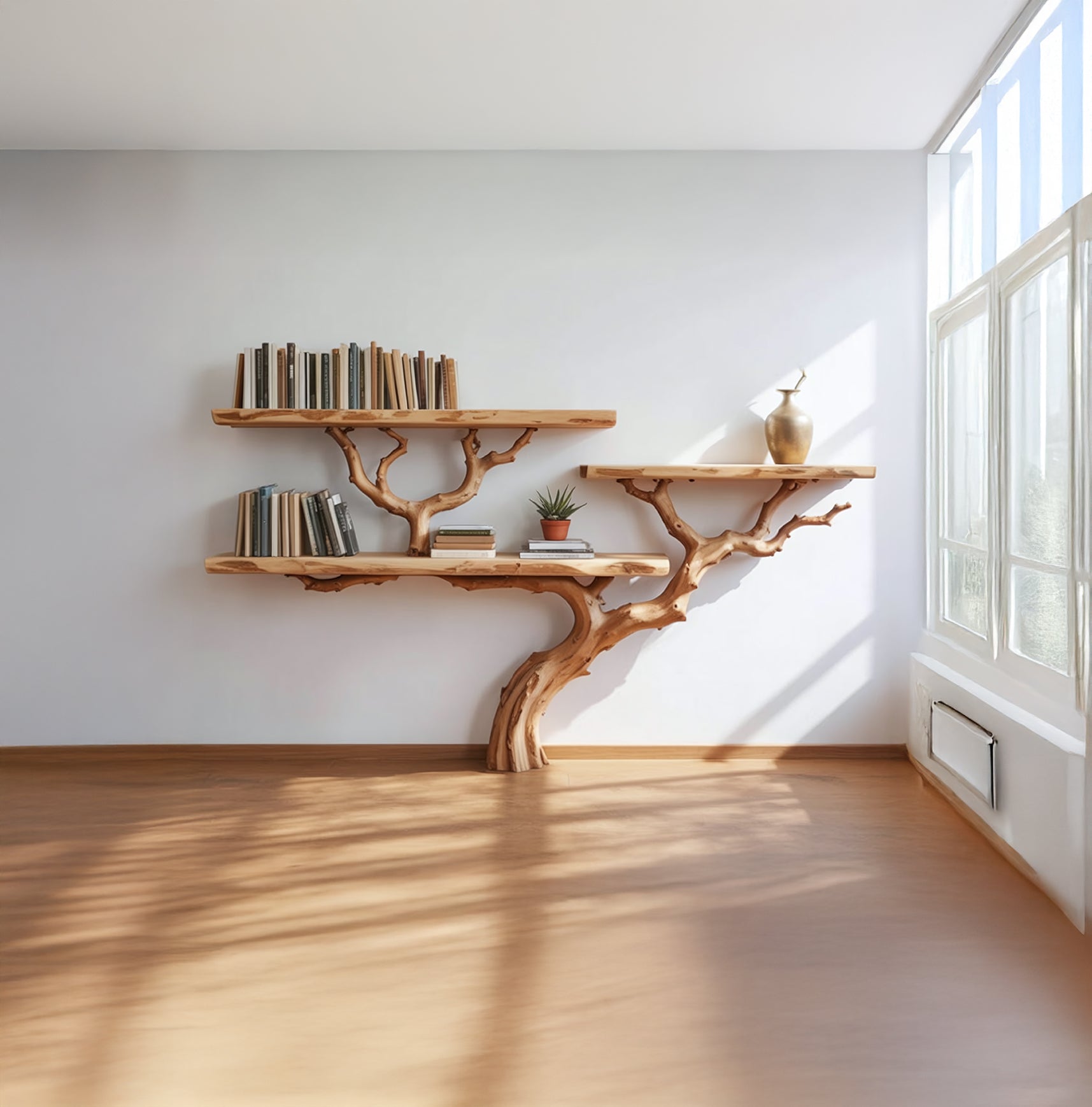 Live edge solid wood tree bookshelf with books, plant, and vase in sunlit modern room