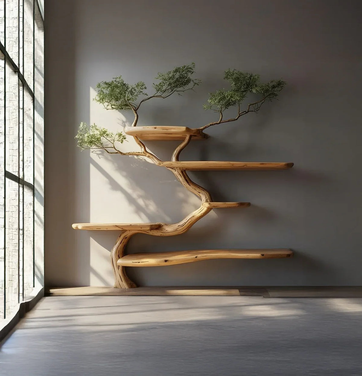 Tree-shaped solid wood bookshelf with live edge shelves in a minimalist, sunlit room