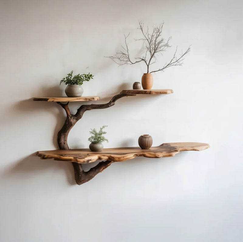 Live edge wooden floating shelves with potted plants and vases on a minimalist wall
