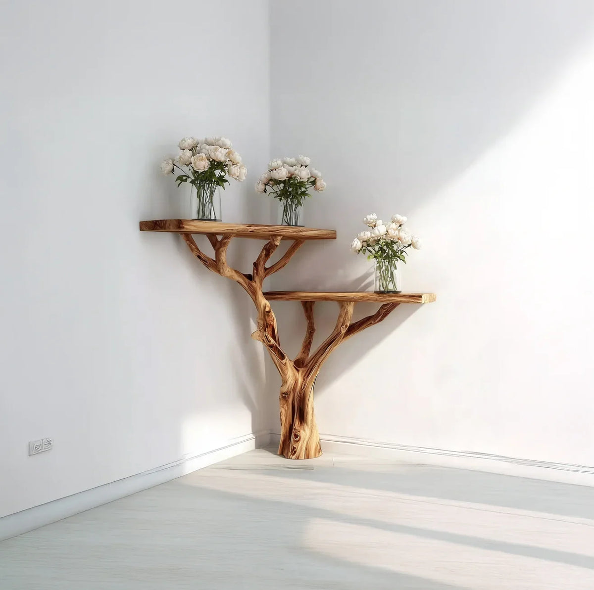 Solid wood tree-shaped corner bookshelf with glass vases of white flowers in sunlit room