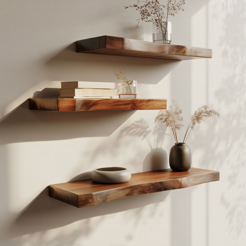 Solid wood live edge floating shelves on wall with books, vase, and minimalist decor.