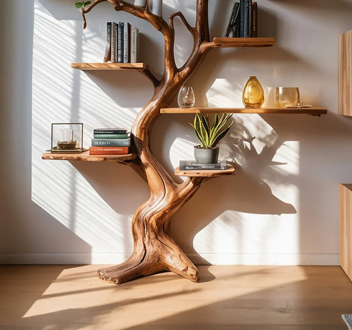 Solid wood tree bookshelf with live edge shelves, books, and decor in sunlit room