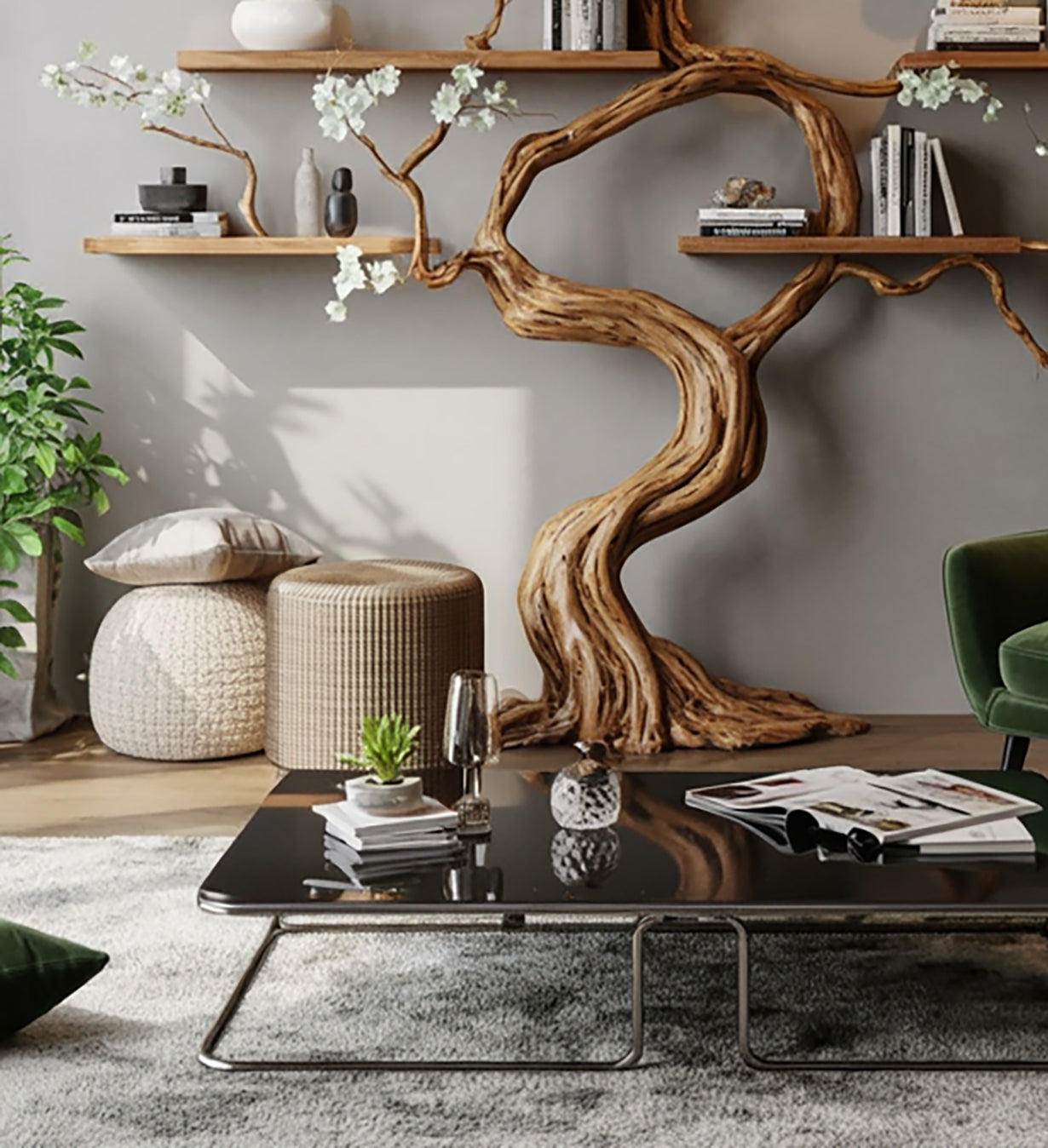 Modern living room with a sculpted tree bookshelf, floating wood shelves, and cozy accents.