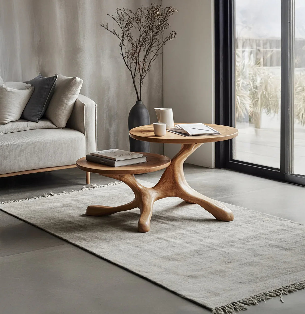 Modern living room with sculpted solid wood coffee tables on a light rug