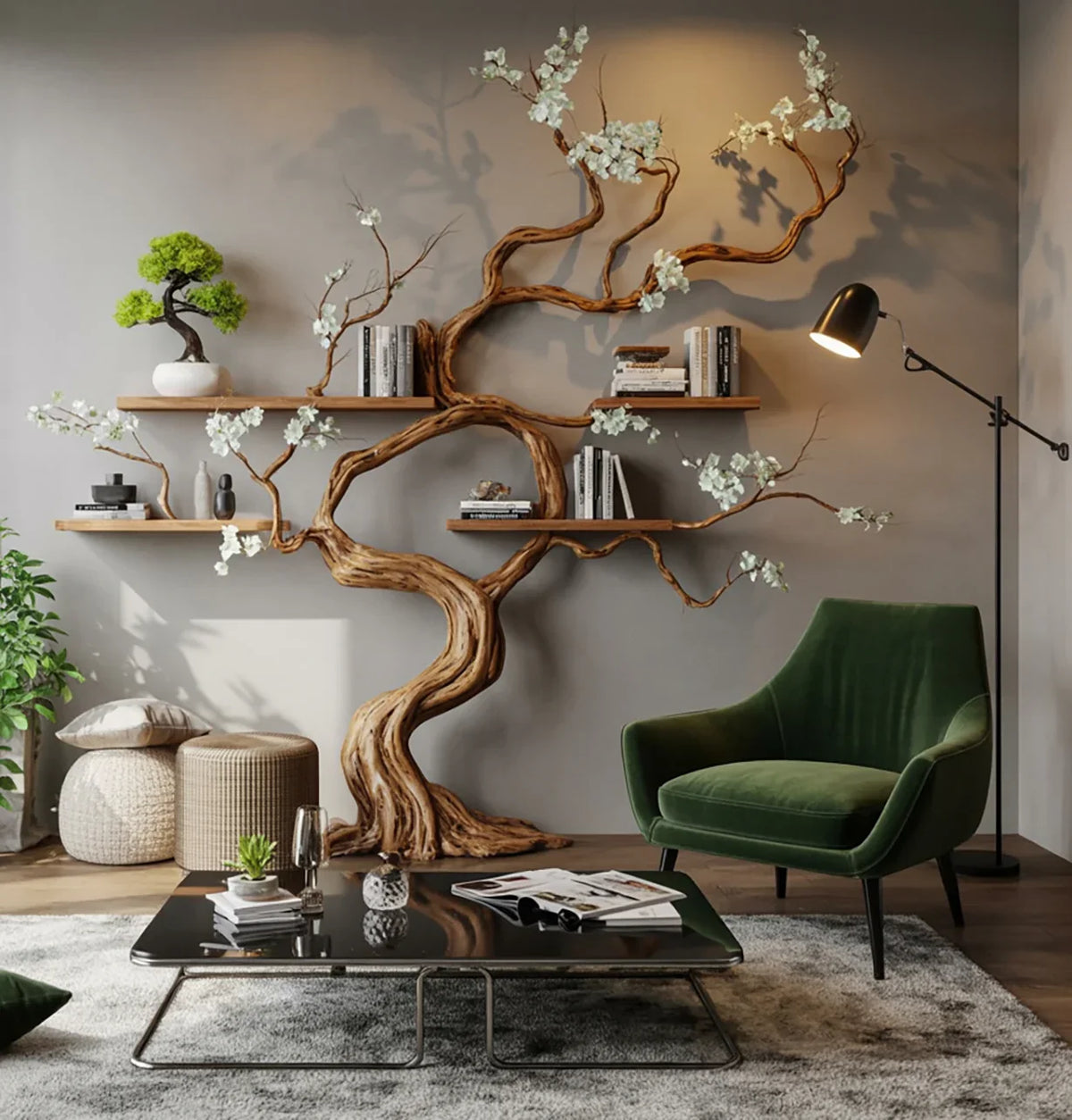 Modern living room with live edge tree bookshelf, green velvet chair, and minimalist decor