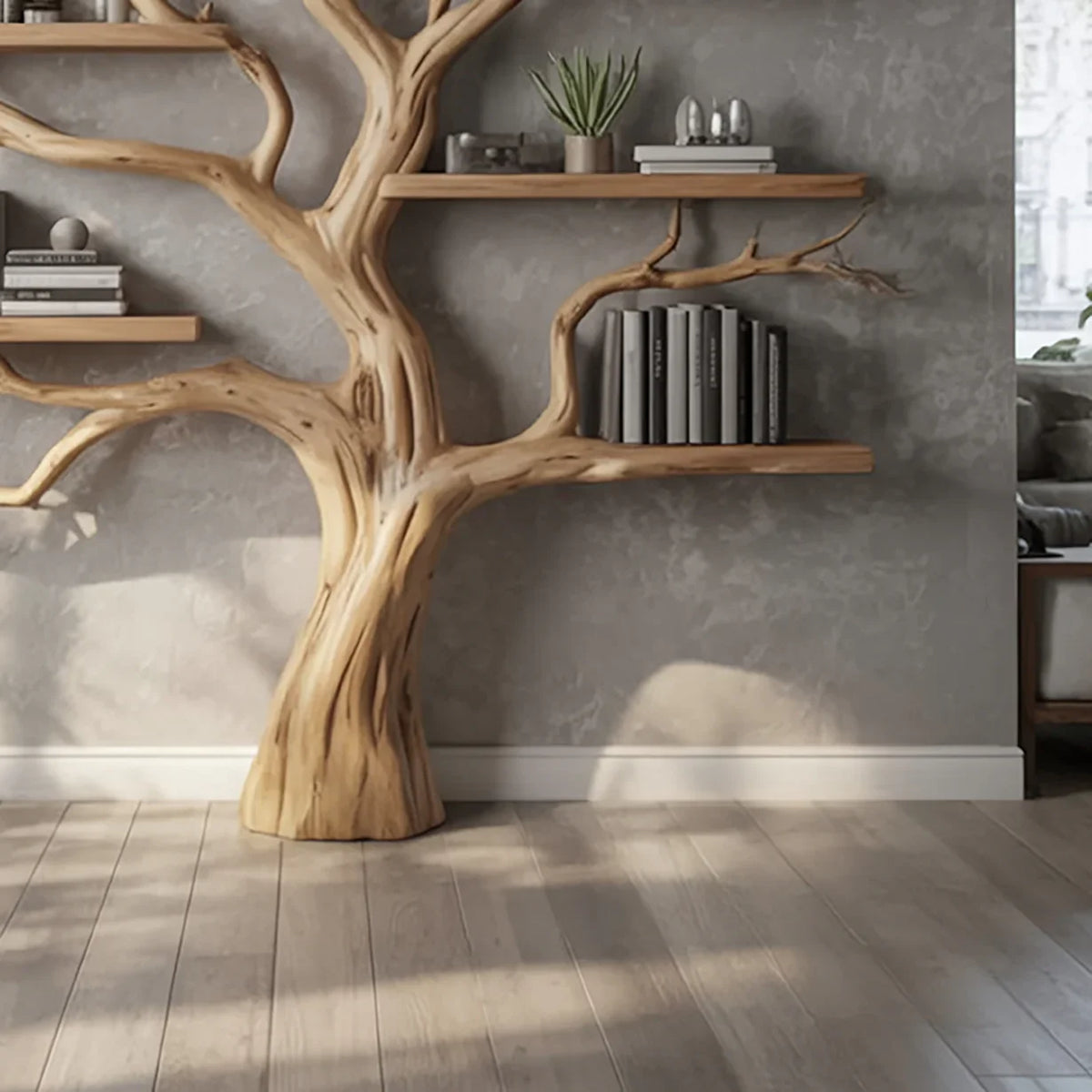 Live edge solid wood tree bookshelf with floating shelves in modern living room